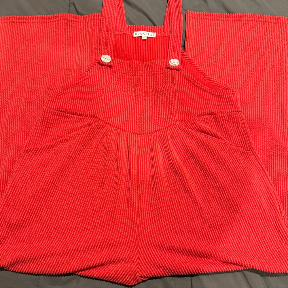 Red Ribbed Overalls with Button Accents